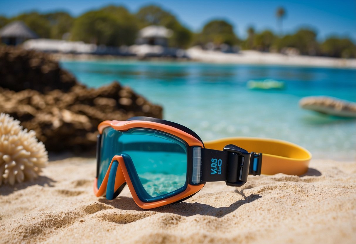 Crystal clear water, vibrant coral reefs, and a bright blue sky. Snorkel gear laid out on a sandy beach, with a snorkel, mask, fins, rash guard, and sunscreen