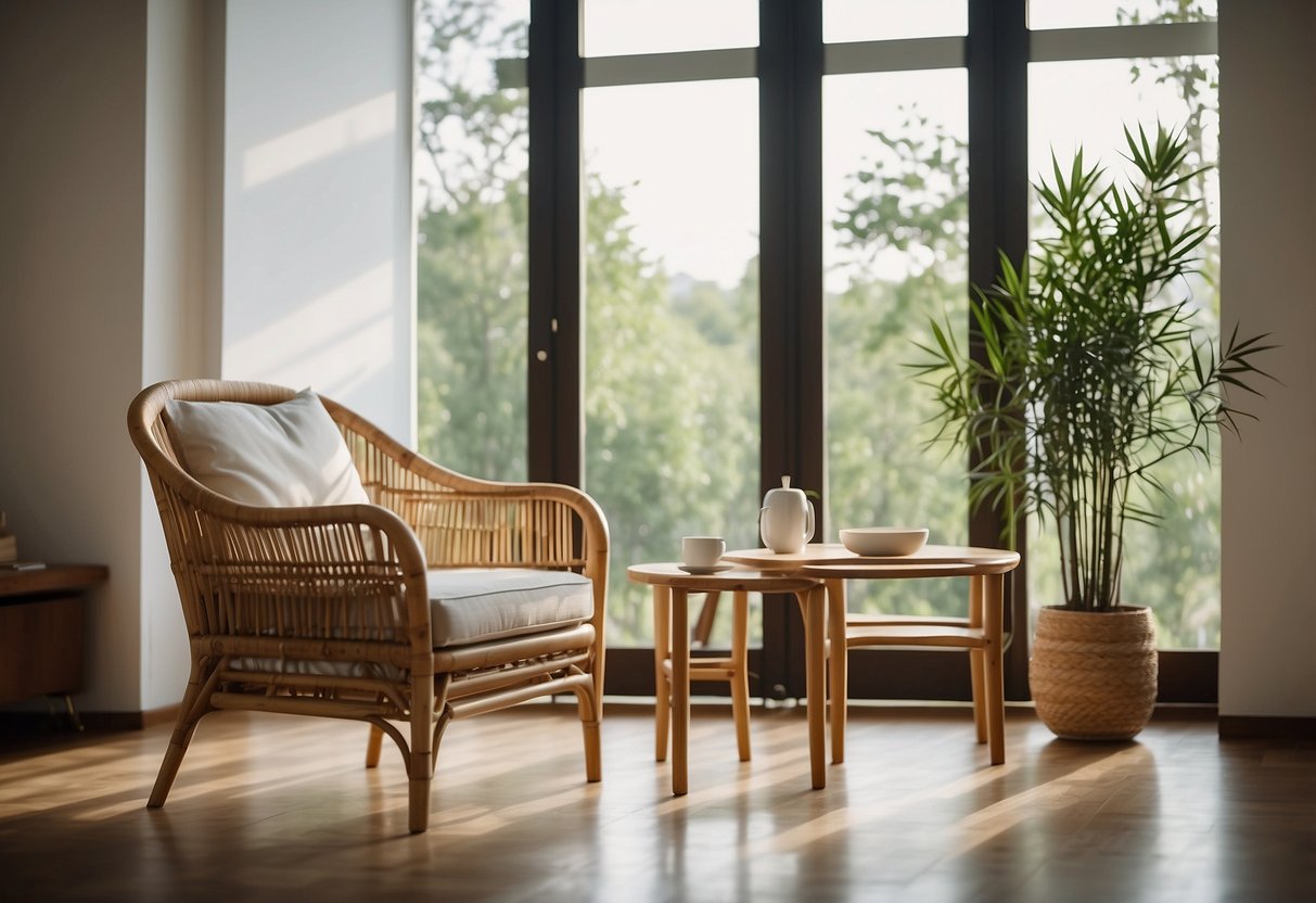 A sleek bamboo chair and table set in a minimalist living room with natural light streaming in through large windows