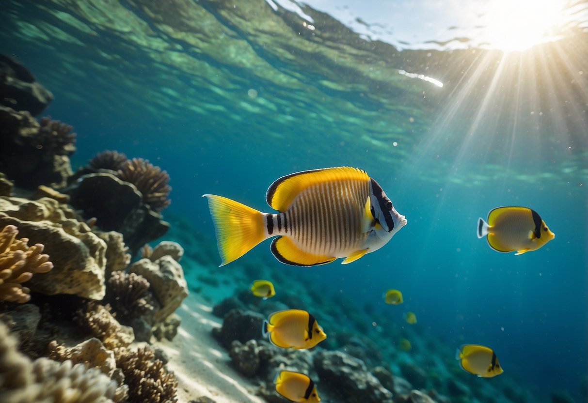 Crystal clear water, colorful coral, and tropical fish surround a pair of snorkeling socks on a sandy ocean floor