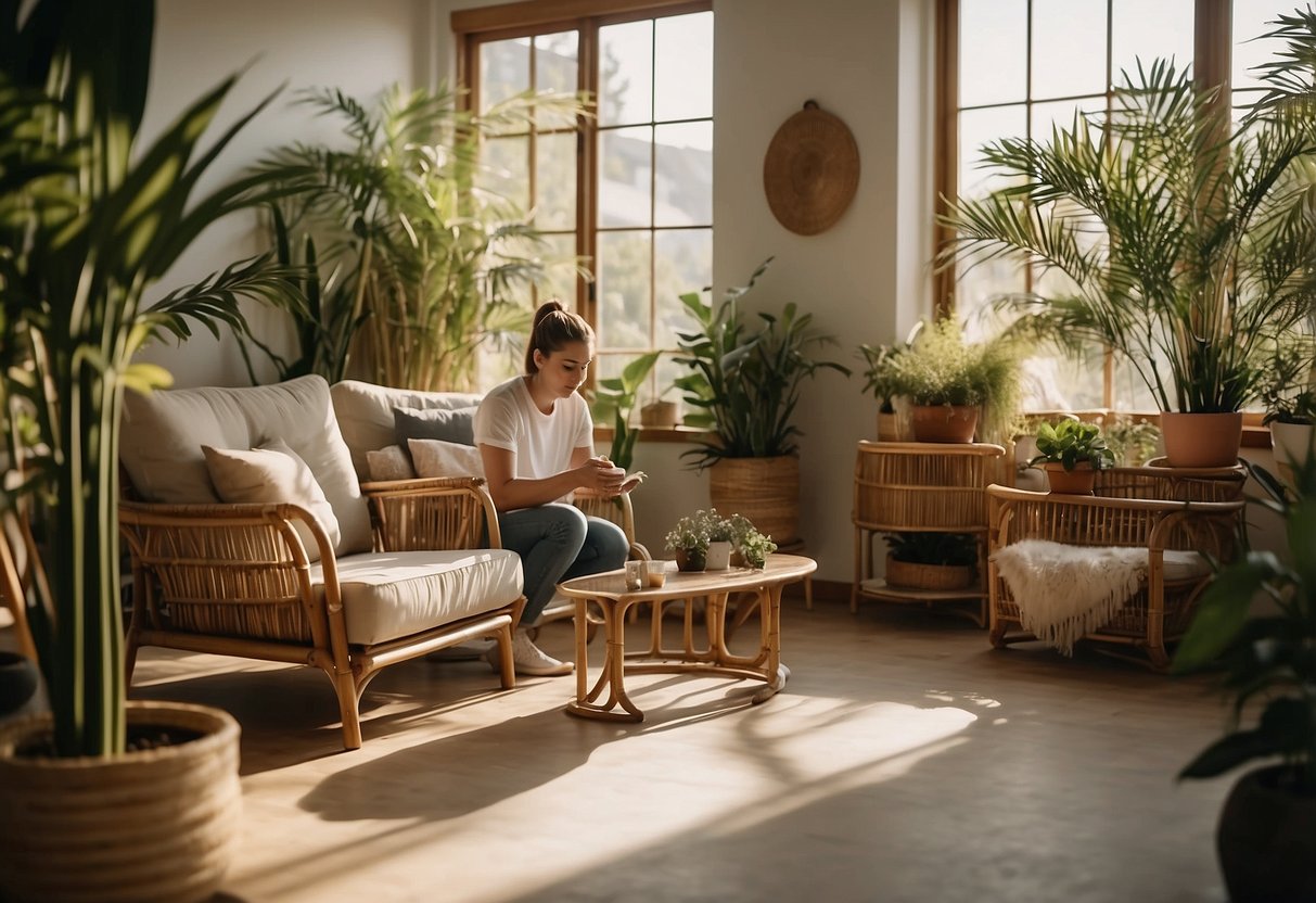 A person carefully arranges and dusts modern bamboo furniture in a sunlit room with plants and natural decor