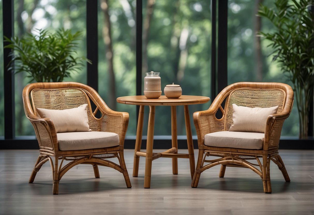 A sleek bamboo chair and table set against a minimalist backdrop, with a banner reading "Frequently Asked Questions modern bamboo furniture."