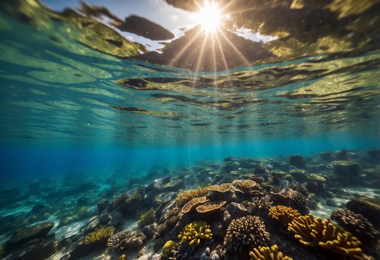 Crystal clear water reflects the vibrant coral reef below. Snorkelers explore the colorful marine life, surrounded by lush greenery and a stunning sunset