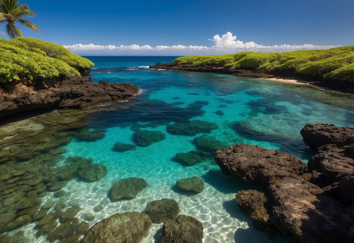 Crystal-clear waters surround lush, green campsites in Maui, Hawaii. Snorkelers explore vibrant coral reefs teeming with marine life