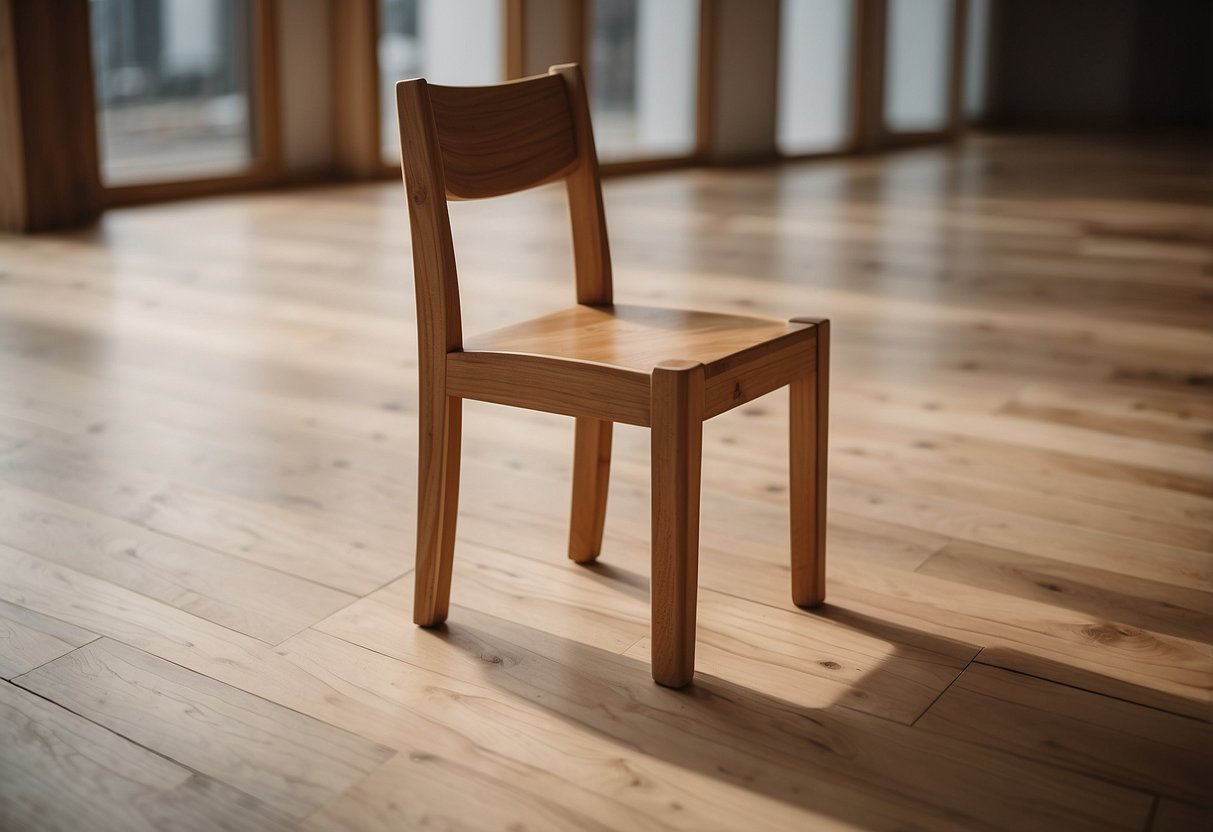A wooden chair sits unevenly on a slanted floor. The wood is twisted and bent, creating a warped and unsteady piece of furniture