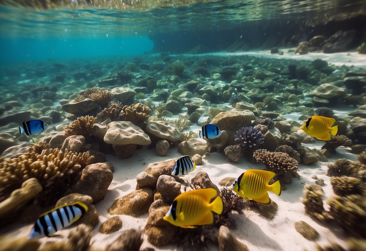 Crystal clear water with colorful coral reefs and schools of tropical fish. Snorkeling gear including masks, snorkels, fins, and wetsuits scattered on a sandy beach near a campsite