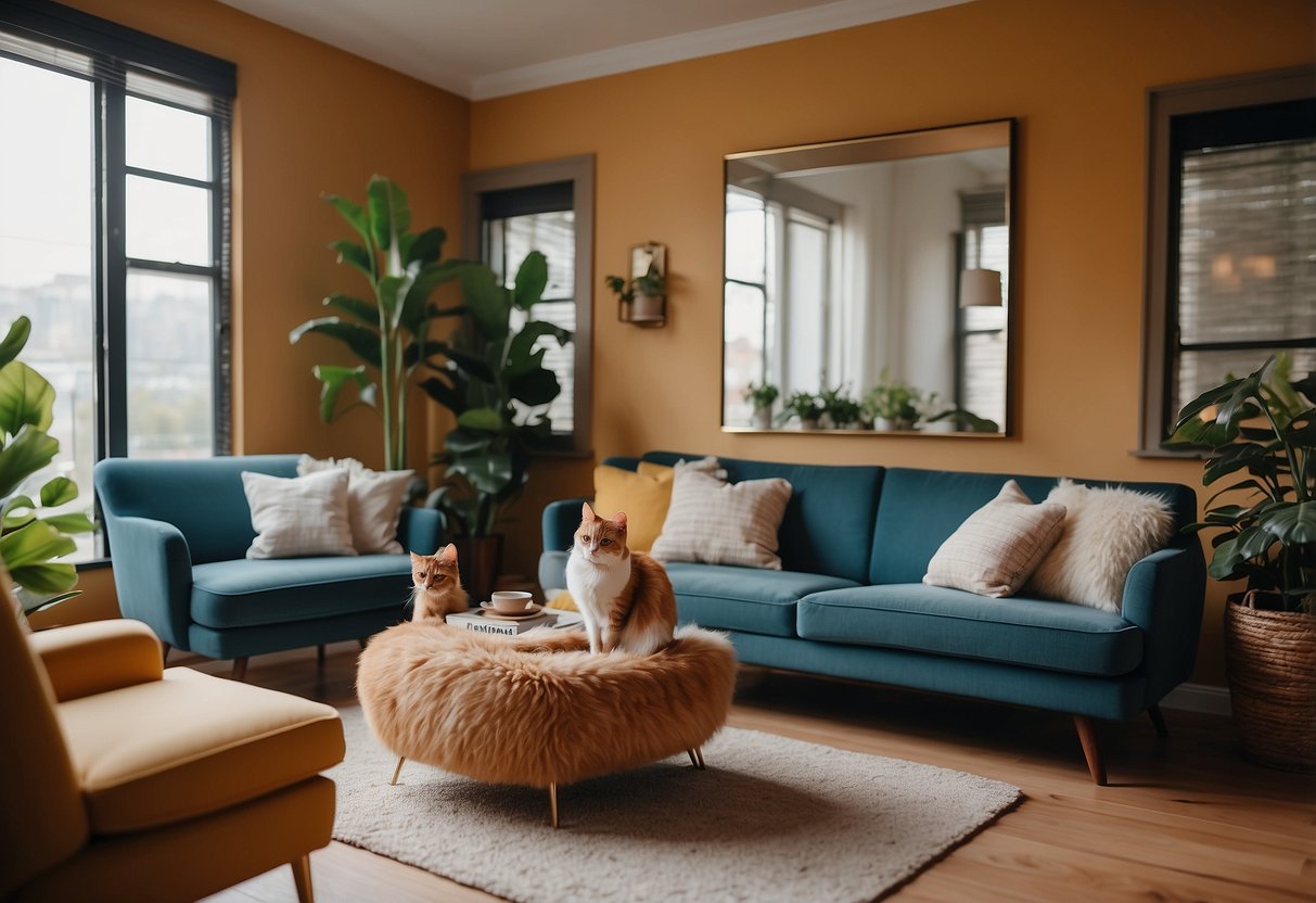 A cozy living room with tiny sofas, chairs, and tables, all scaled down for cats to enjoy. Vibrant colors and soft fabrics make the furniture inviting for feline lounging