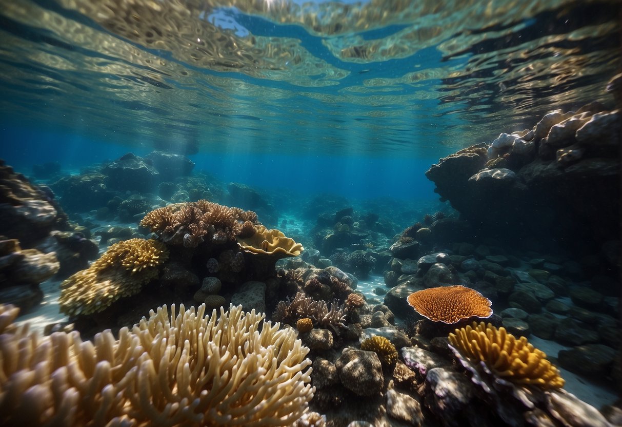 Crystal clear water, colorful coral reefs, and a variety of marine life. A snorkeler exploring underwater while following safety tips. A serene campsite by the beach