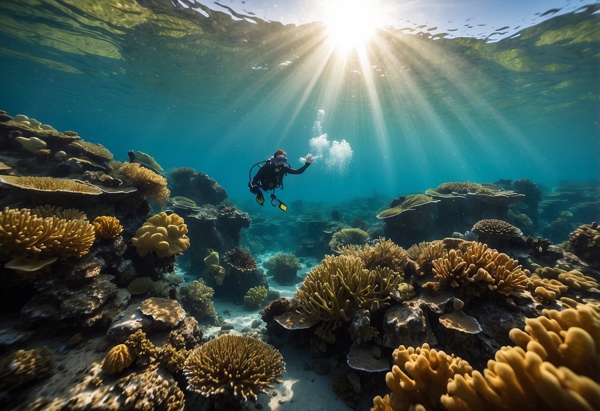 A snorkeler explores colorful coral reefs, using budget-friendly gear. Sunlight filters through crystal-clear water, illuminating a variety of marine life