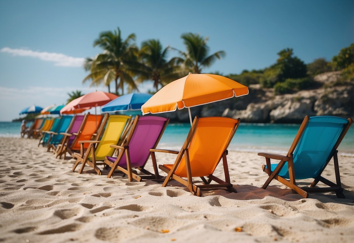 A beach with calm waters, colorful fish, and coral reefs. Signs advertising off-season deals and snorkeling tips. Sun umbrellas and beach chairs