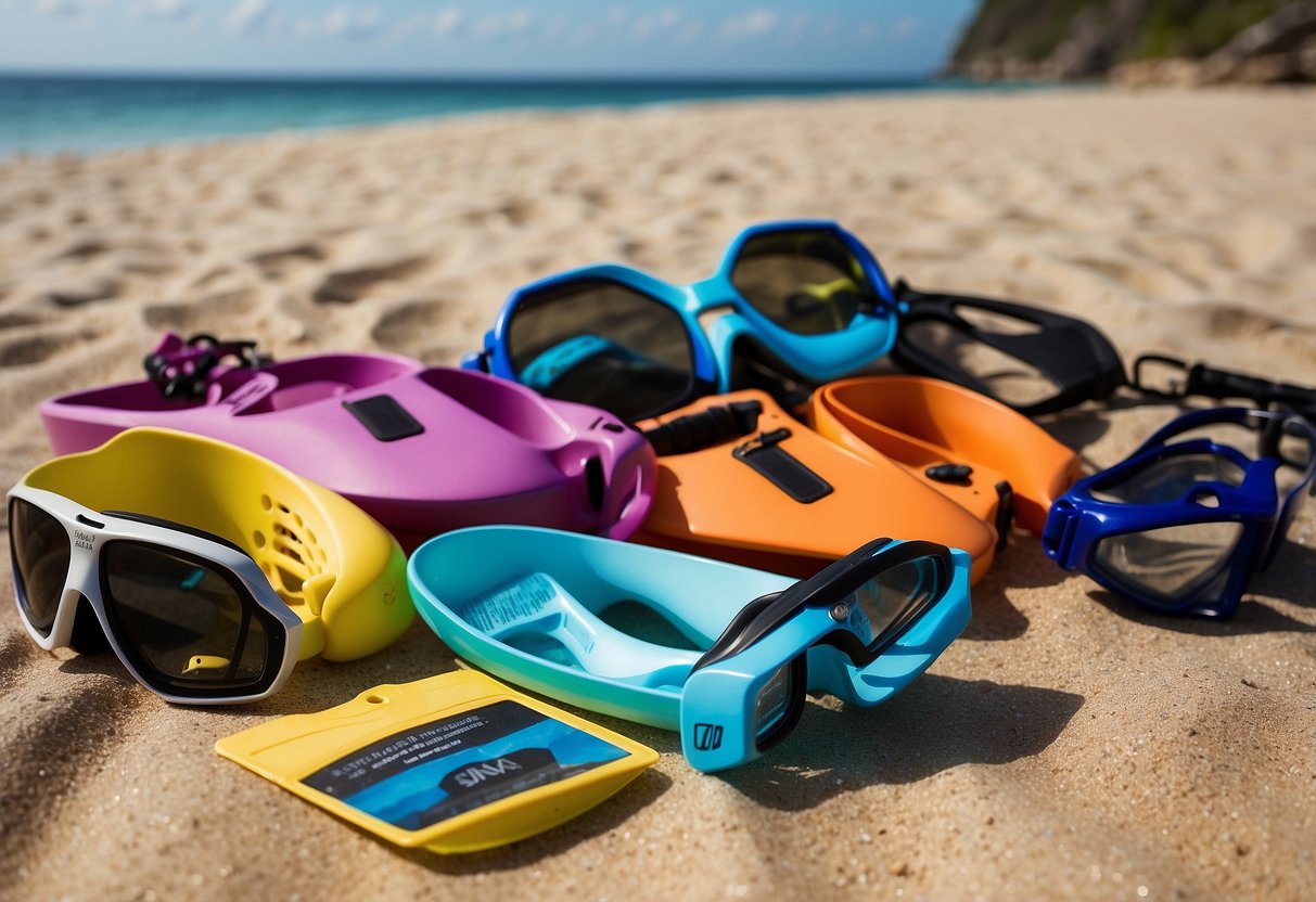 A colorful array of snorkeling gear displayed on a sandy beach with price tags clearly visible. A sign with "7 Tips for Snorkeling on a Budget" stands out among the display