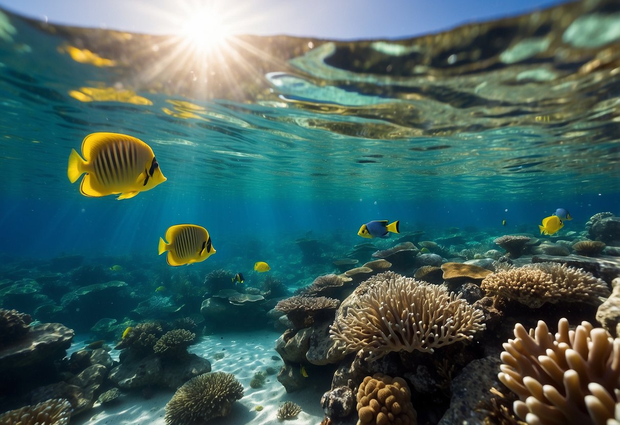 Crystal clear water with vibrant coral reefs and colorful fish. A snorkeler uses cashback sites for affordable gear. Sunshine illuminates the tranquil underwater scene