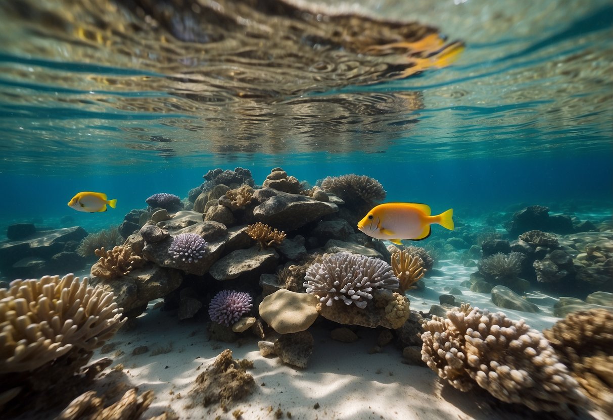 Crystal-clear water with colorful fish and coral. Budget snorkeling gear including mask, snorkel, and fins laid out on a sandy beach