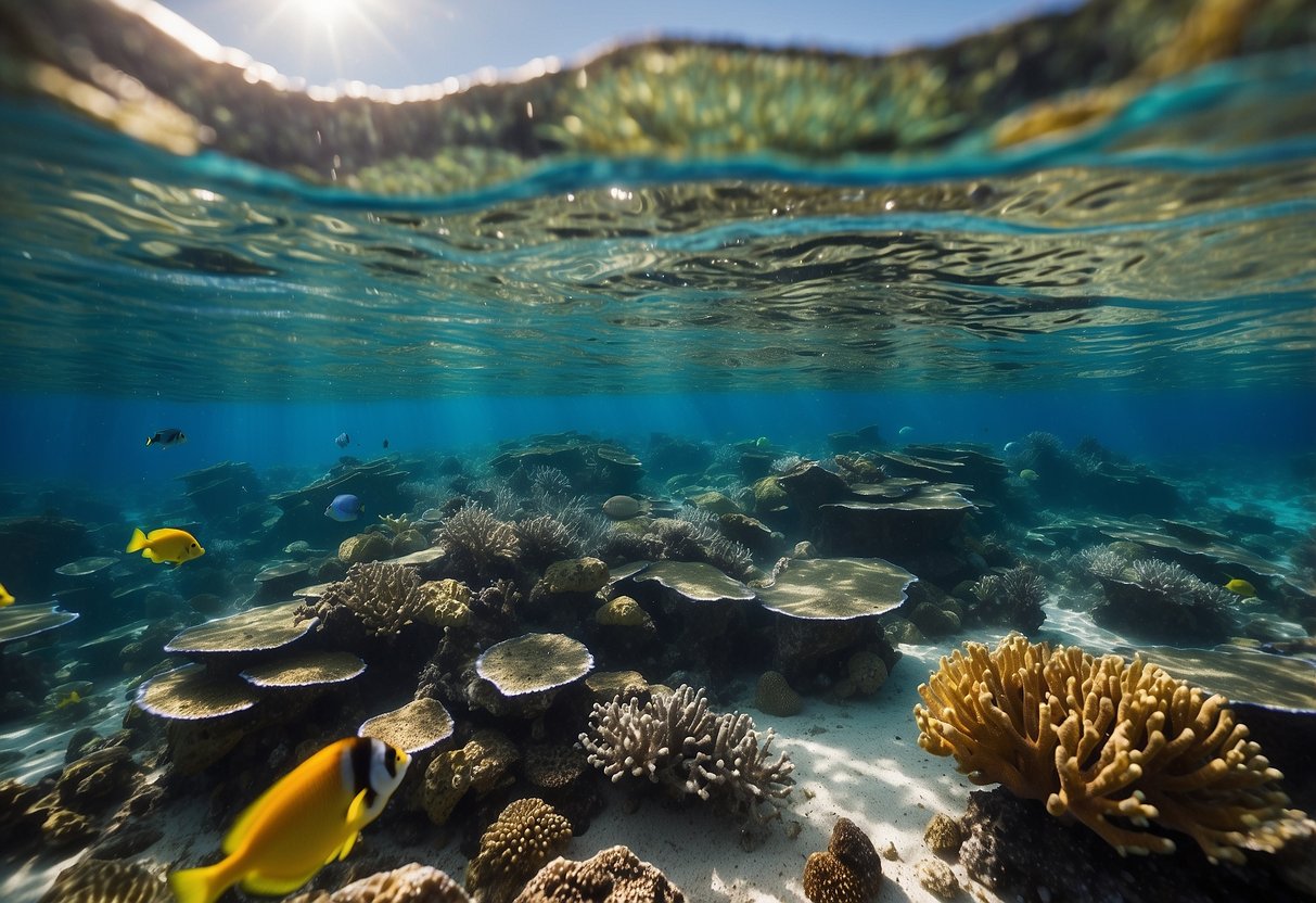 Crystal clear water, colorful fish, and coral reefs. Snorkeler with budget-friendly gear, following safety tips. Sunshine and calm waves