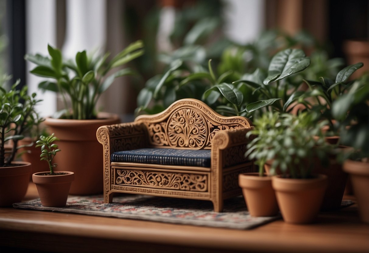 A tiny sofa and table, intricately carved and painted, sit in a cozy corner. A miniature rug and potted plant complete the scene