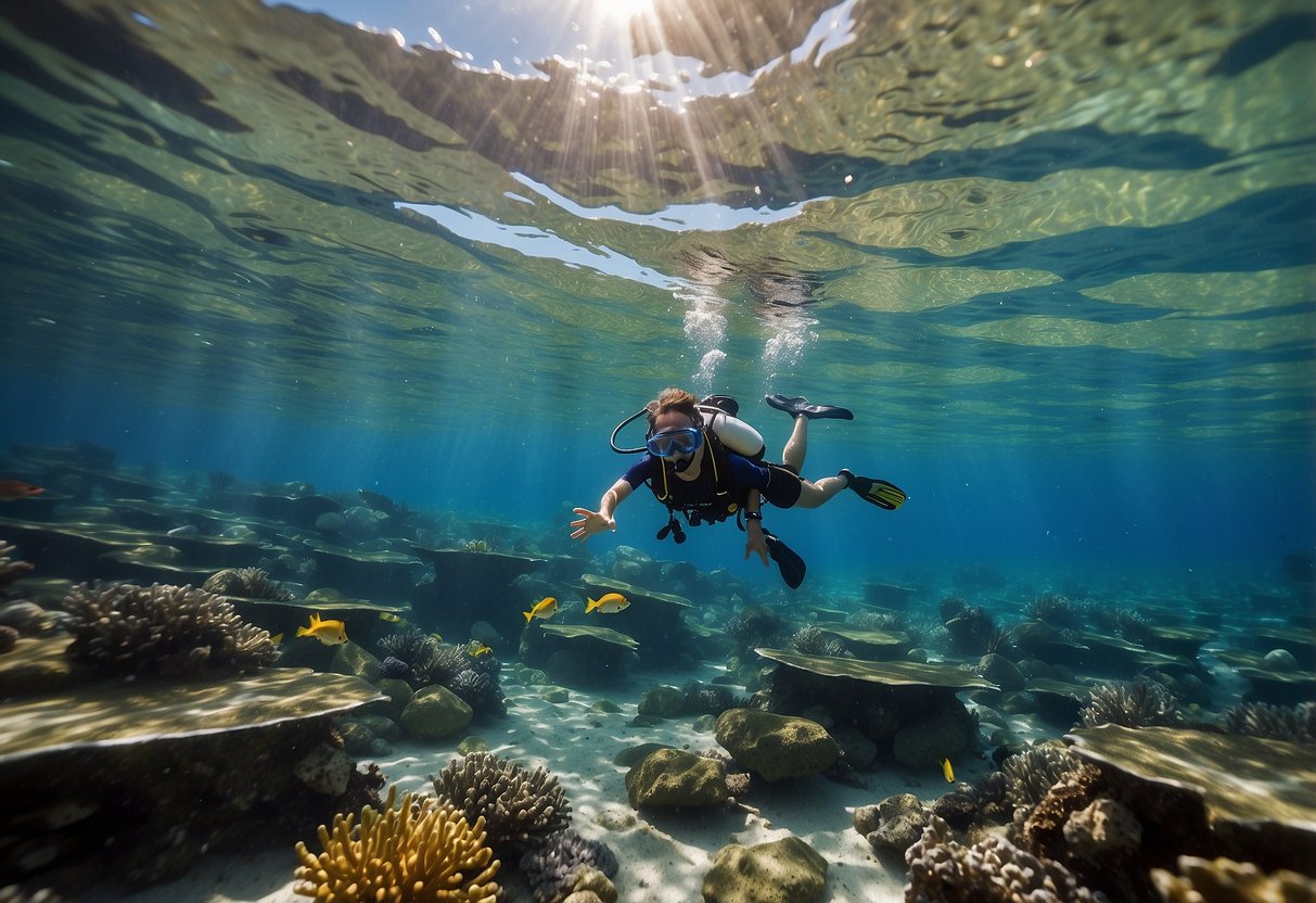 Crystal-clear water, colorful coral, and schools of fish surround a snorkeler wearing a lightweight vest. Sunlight filters through the water, creating a tranquil and serene underwater scene