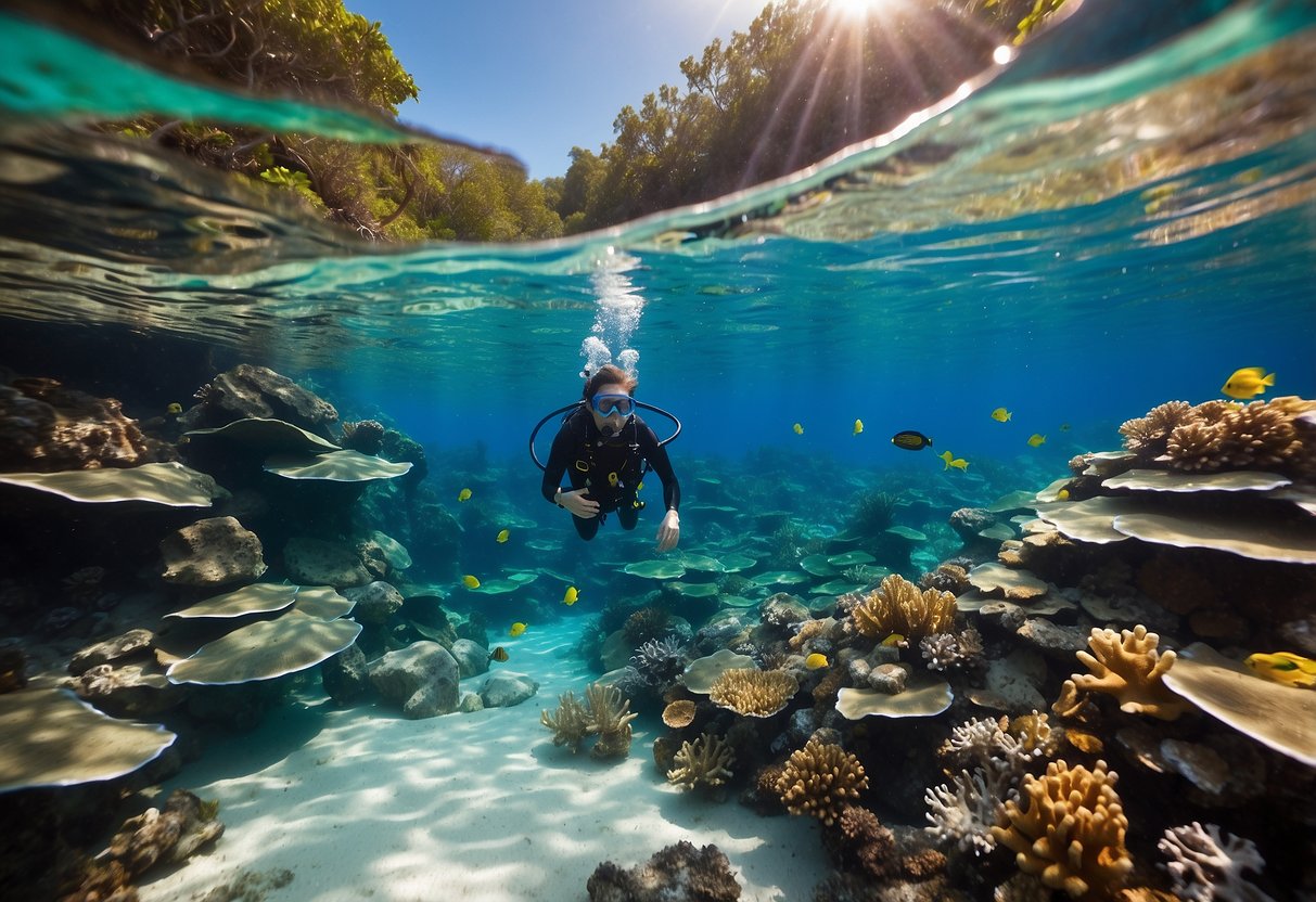 The vibrant blue O'Neill Men's Reactor II Vest floats on crystal clear water, surrounded by colorful fish and coral reefs. Sunlight dances on the surface, creating a tranquil and inviting atmosphere for snorkeling