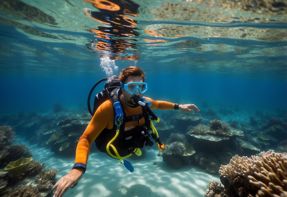 A bright blue Scubapro Cruiser Snorkeling Vest floating on clear turquoise water with colorful fish and coral below