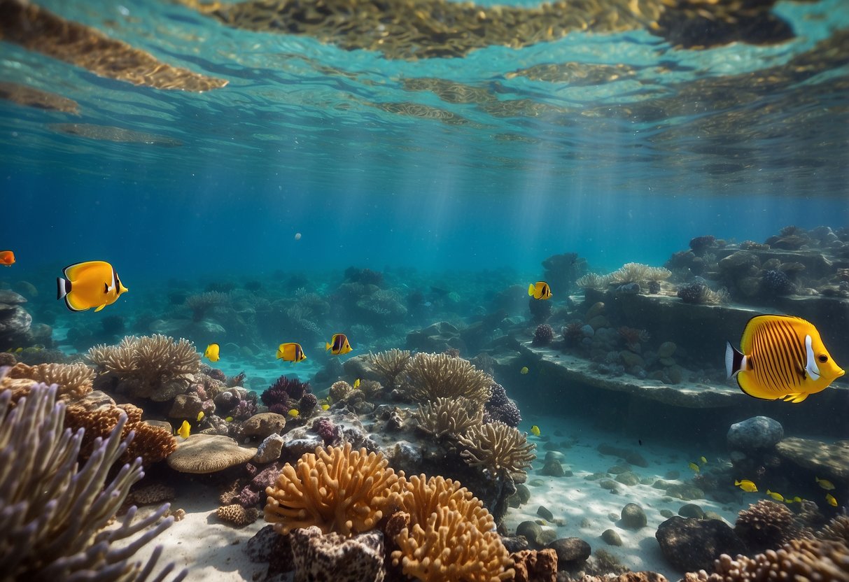 A colorful adult snorkel vest floats on calm, turquoise waters, surrounded by vibrant coral and tropical fish. Sunshine illuminates the scene, creating a serene and inviting atmosphere