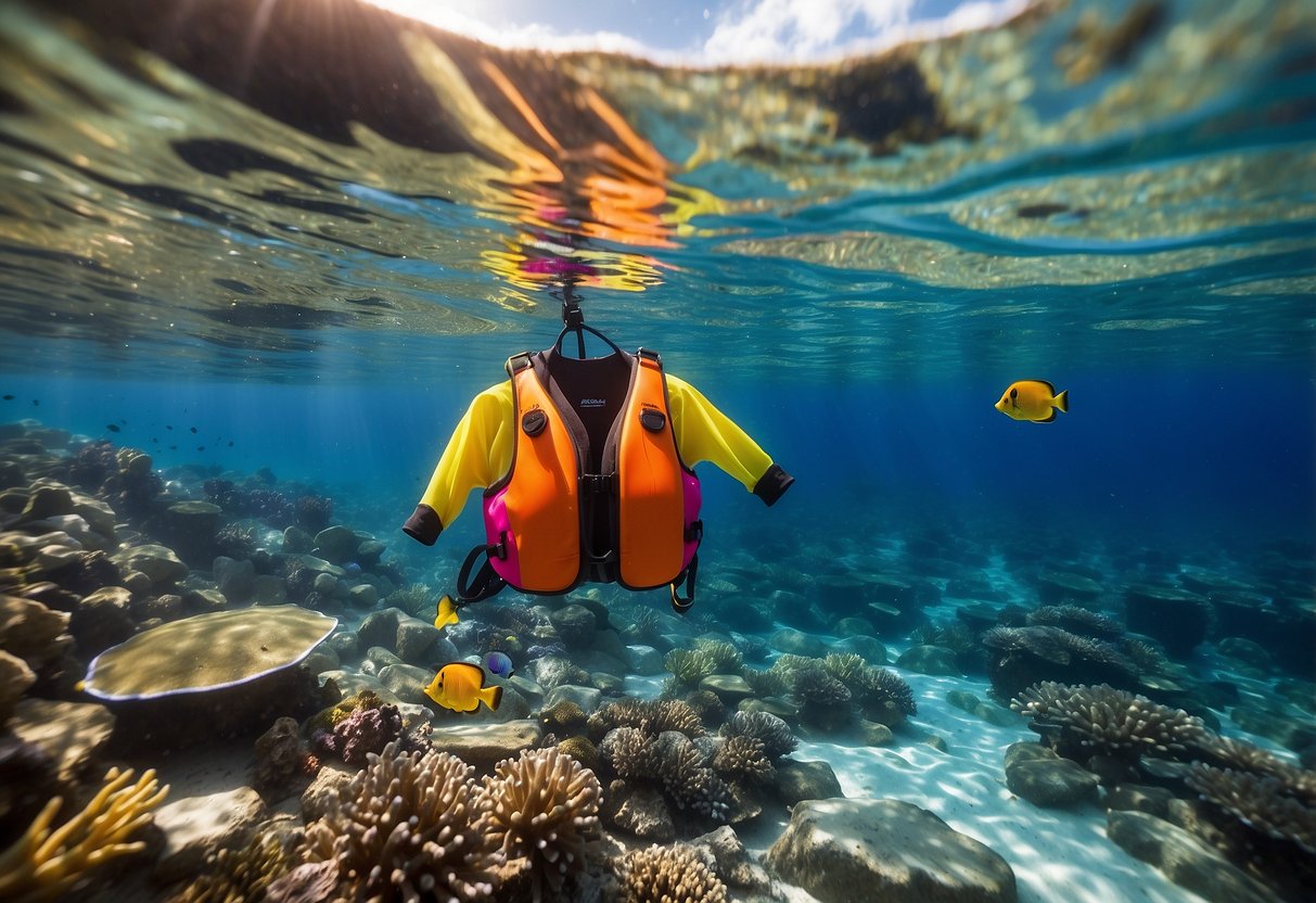 A colorful snorkeling jacket vest floats on crystal clear water, surrounded by vibrant coral reefs and tropical fish. Sunshine illuminates the scene, creating a serene and inviting atmosphere