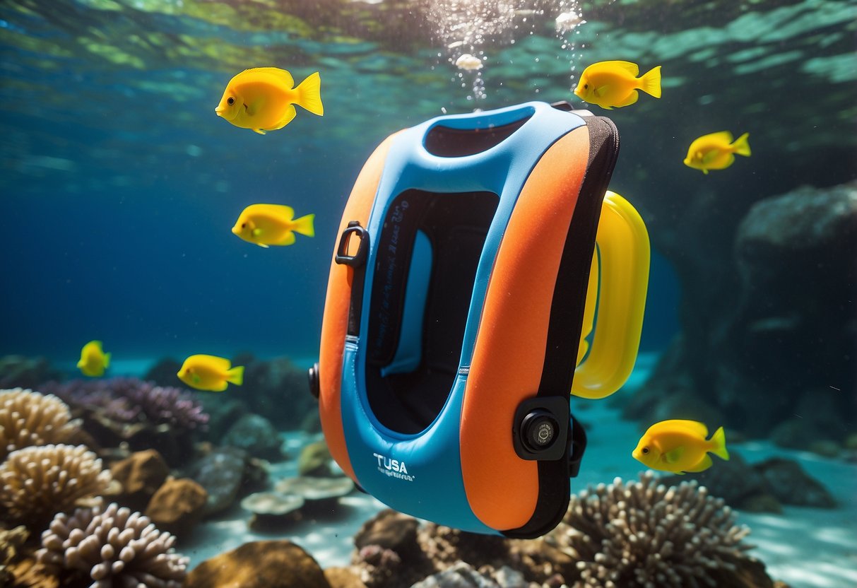 A colorful TUSA Adult Snorkeling Vest floats on clear blue water, surrounded by vibrant coral and tropical fish. Sunlight filters through the surface, casting a warm glow on the scene