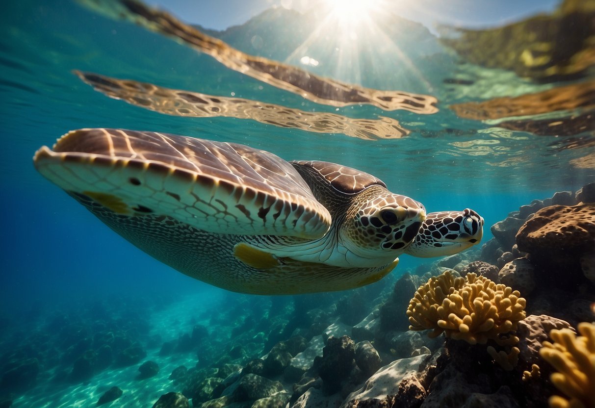 A calm ocean surface with colorful coral reefs below. A lightweight snorkeling vest floats on the water, with the sun shining above