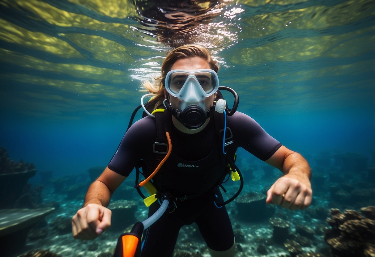 Snorkeler struggles with foggy mask, tangled fins, and improper breathing technique while surrounded by vibrant coral and marine life