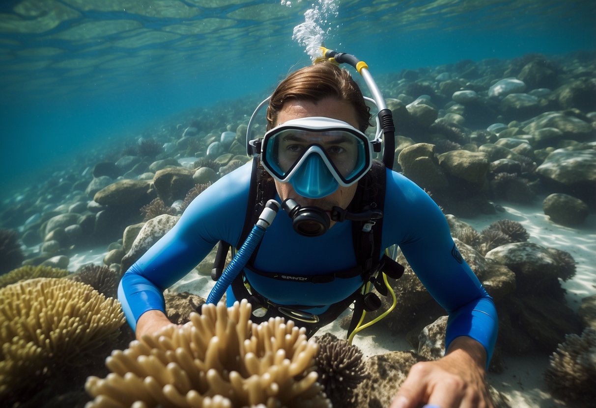 A snorkeler neglects gear inspection, causing common mistakes. Goggles fog, fins slip, and breathing tube leaks