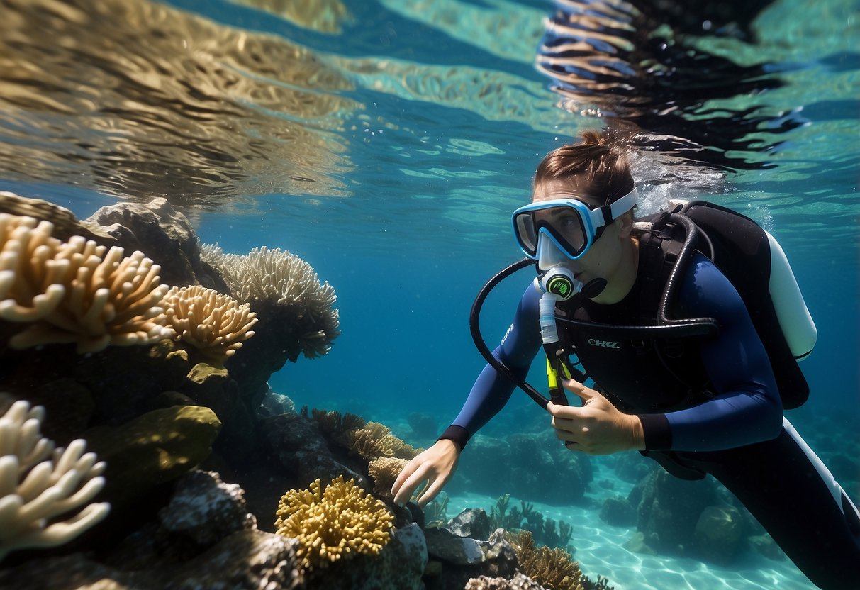 Crystal-clear water, vibrant coral, snorkel gear floating on the surface, and a diver making common mistakes like exhaling through the snorkel or not clearing the mask