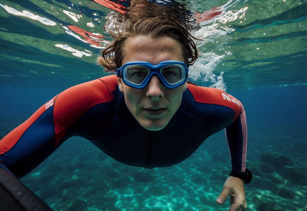 A snorkeler struggles, arms flailing, as they overexert while swimming. Common mistakes are evident in their technique