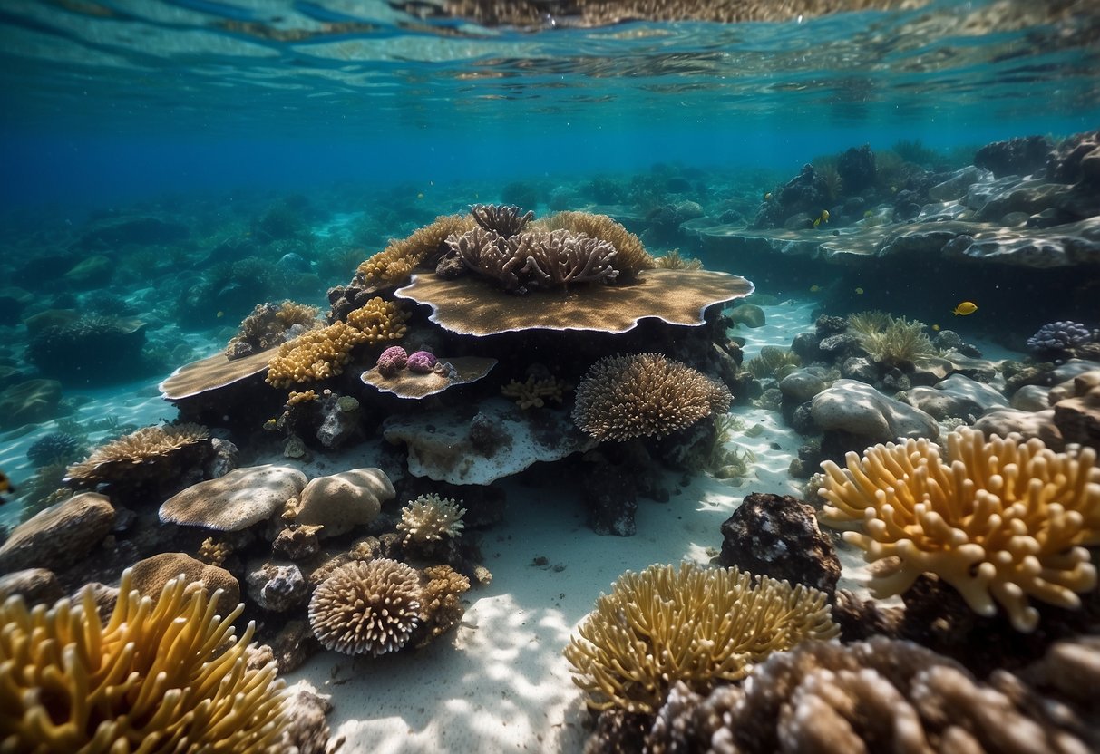 Crystal-clear water, colorful coral, and diverse marine life. Snorkelers making mistakes like shallow breathing and touching coral. Rough waves and poor visibility