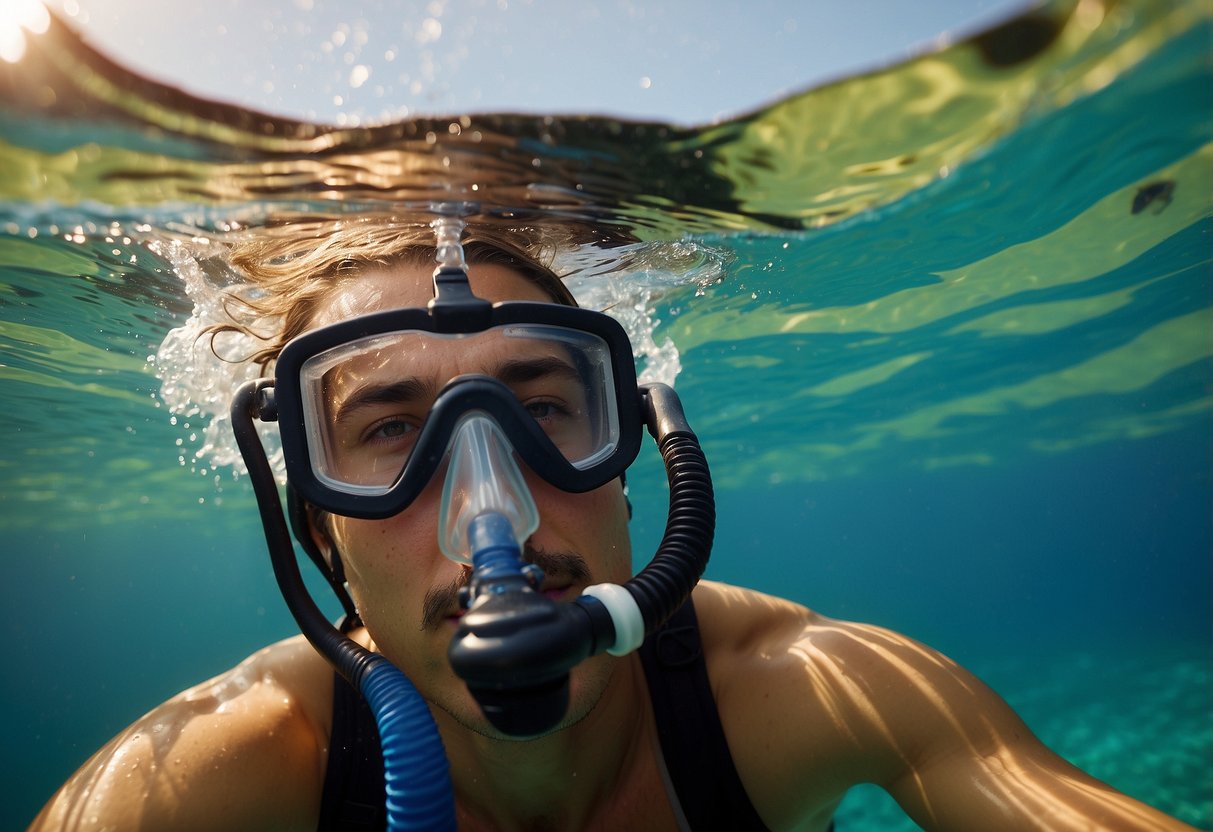 A snorkeler struggles to clear their snorkel, causing water to splash as they try to breathe