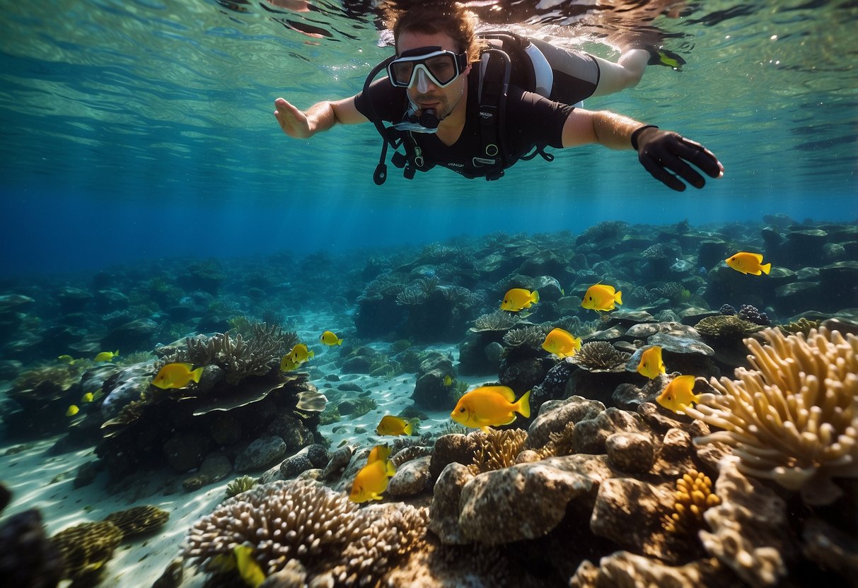 Crystal clear water, colorful fish, and a snorkeler wearing a life jacket and fins. No touching coral or marine life, staying close to the surface, and always snorkeling with a buddy