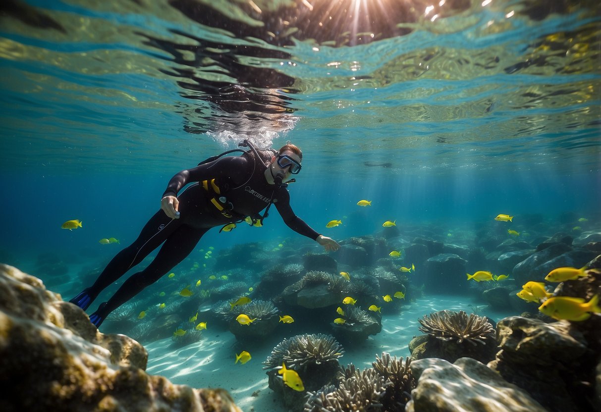 A snorkeler floats in clear, turquoise water. Sunlight filters through the surface as colorful fish swim by. The snorkeler wears a wetsuit and flippers, staying warm in the cool ocean