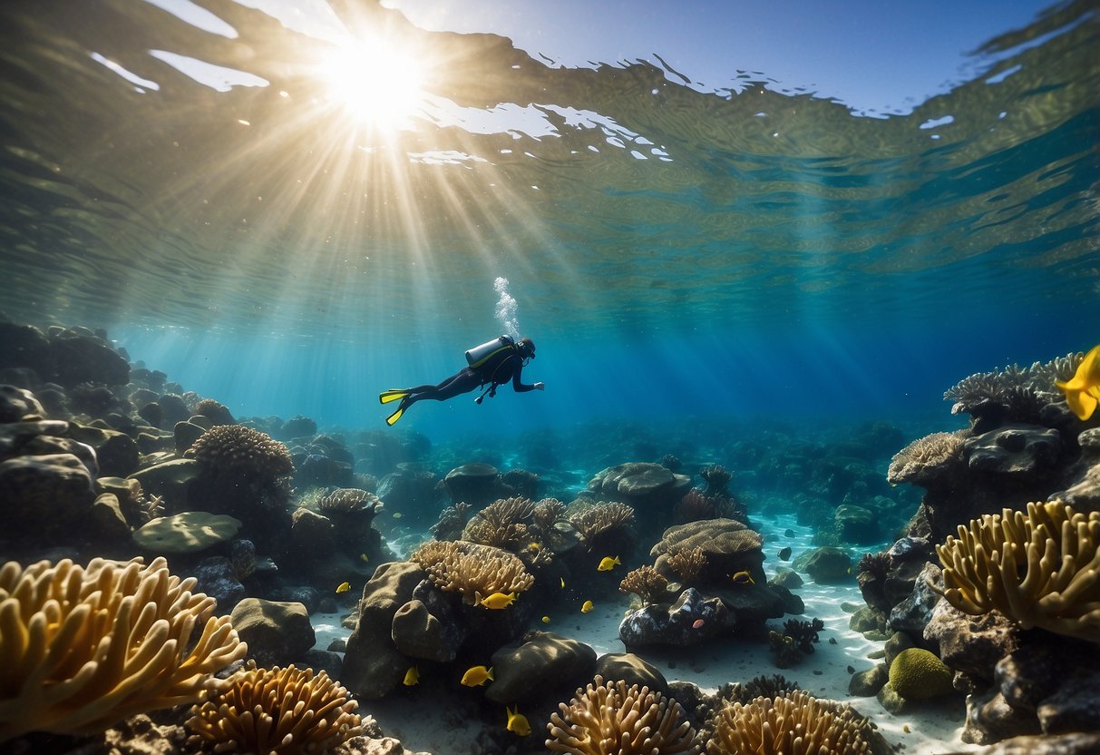 A person in a thick wetsuit snorkeling in clear blue water, surrounded by colorful fish and coral. Sunlight filters through the water, creating a warm and inviting atmosphere