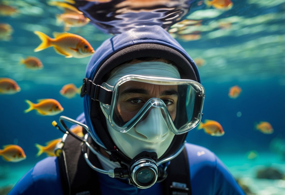 A snorkeler wears a thermal hood for insulation, floating in clear blue water with colorful fish and coral below