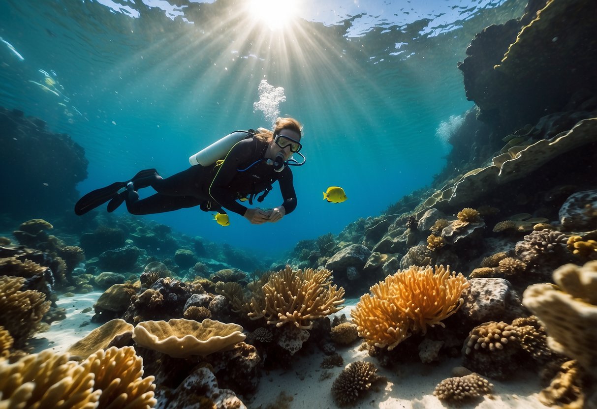 A snorkeler wearing thermal gloves explores colorful coral reef, surrounded by vibrant marine life. Sunlight filters through crystal-clear water, creating a warm and inviting underwater scene