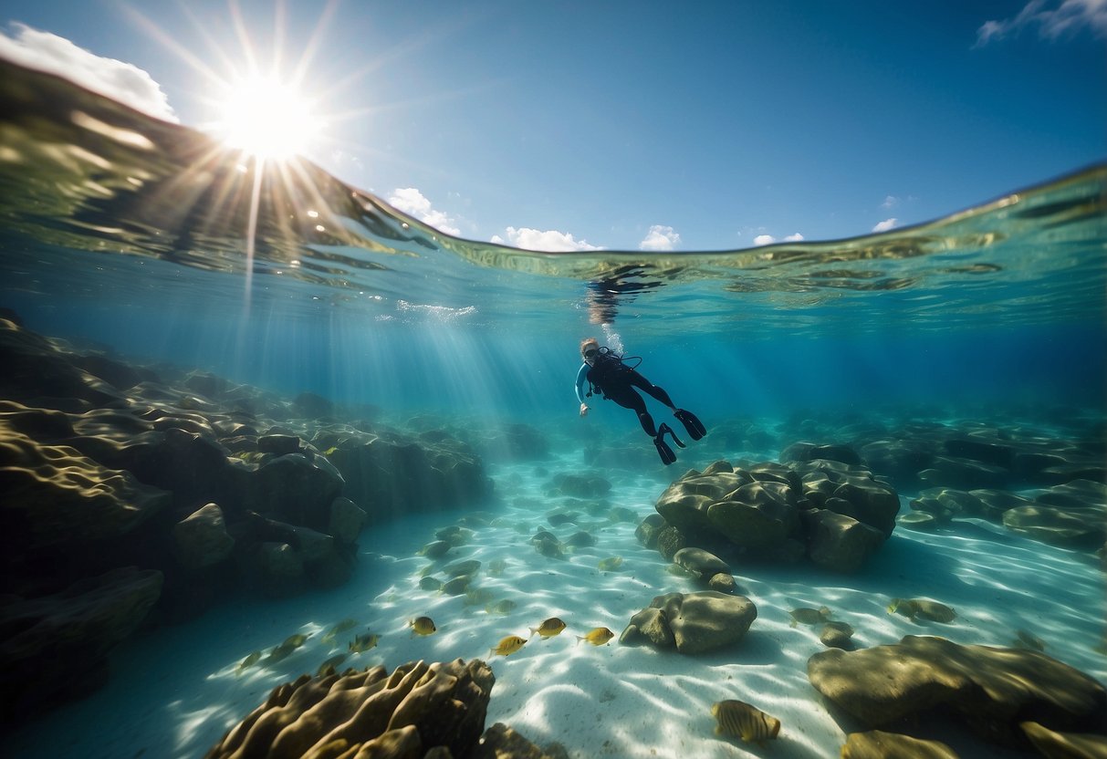 A snorkeler wearing thick booties, surrounded by clear blue water, with fish swimming around. Sunlight shines through the water, creating a warm and inviting atmosphere