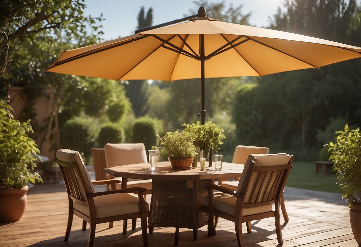 A patio umbrella shades a wooden table and chairs from the sun's rays, while a protective sealant is applied to the furniture