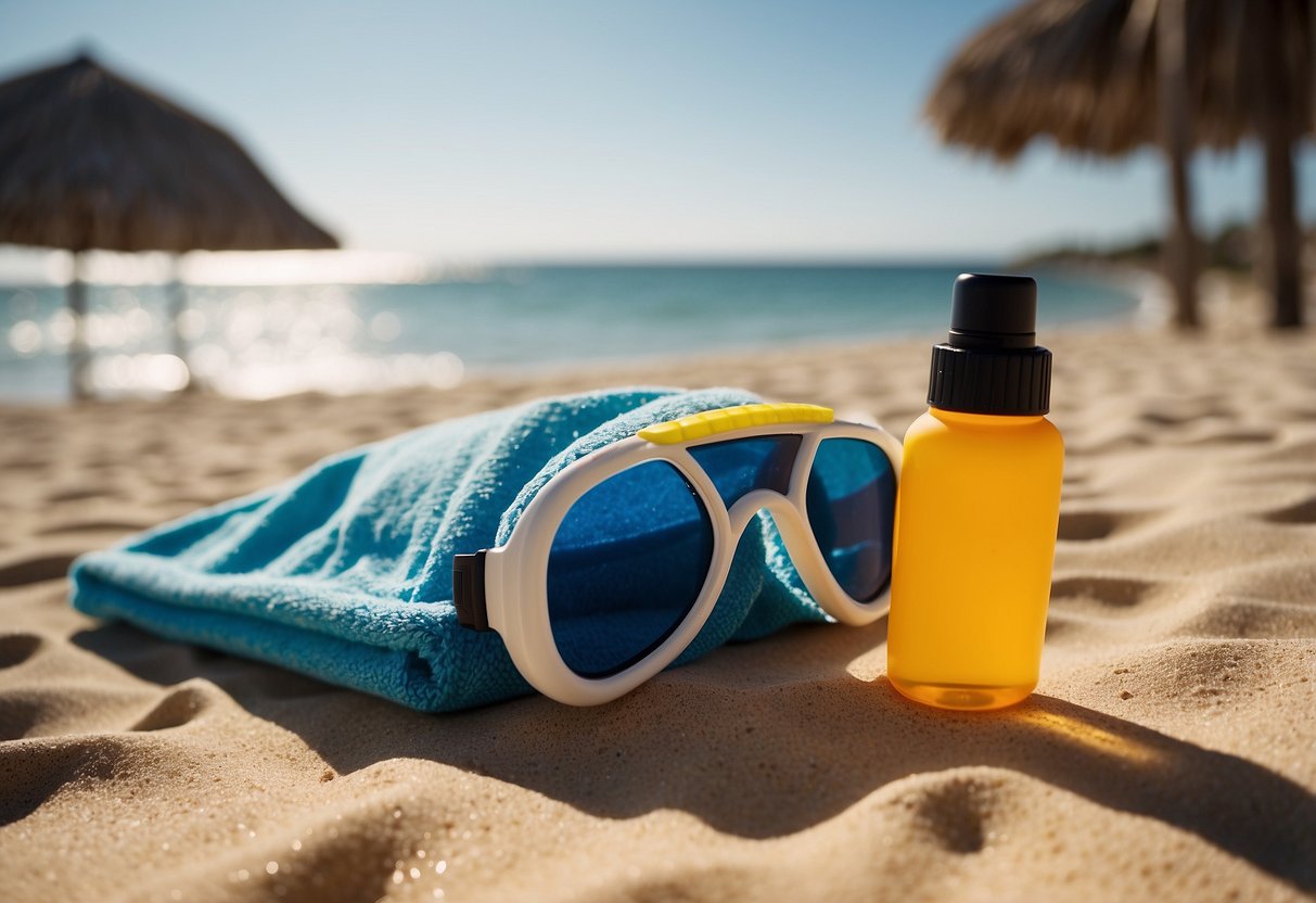 A snorkel lies on a sandy beach, next to a towel and sunscreen. The sun is shining and the ocean waves gently lap against the shore