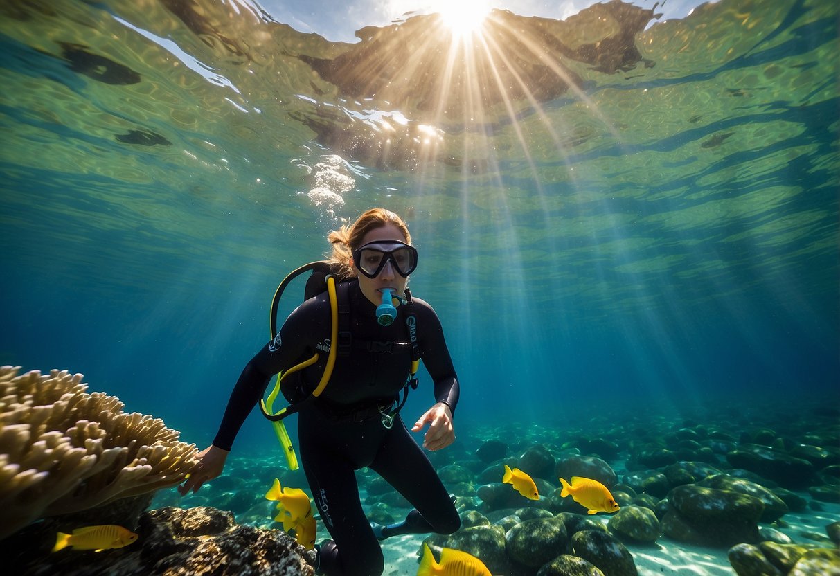 A snorkeler floats in clear, tropical waters. Sunlight filters through the surface as colorful fish dart around coral. The snorkeler wears a wetsuit and stays close to the surface to avoid hypothermia