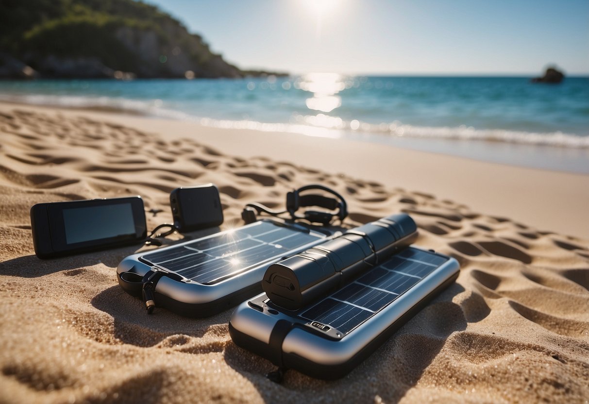 A sunny beach with clear blue waters, snorkeling gear and 5 solar chargers neatly arranged on the sand