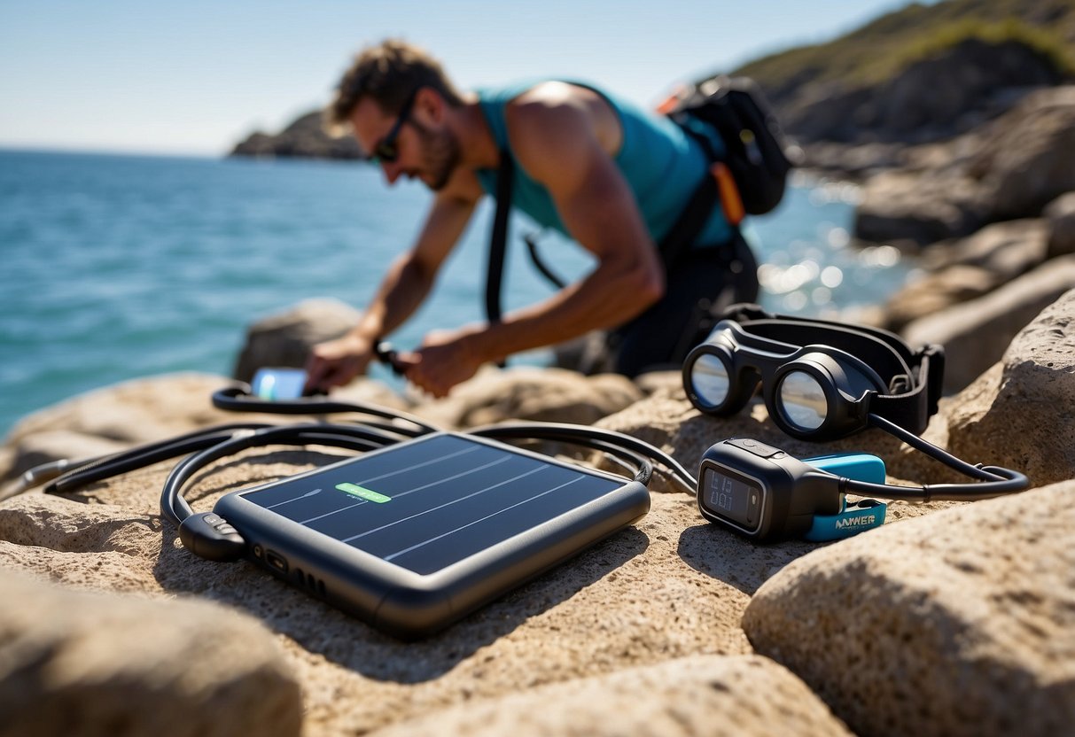 A snorkeler sets up Anker PowerPort Solar Lite on a rocky beach, with snorkeling gear nearby. Sunlight shines on the solar charger, powering up for the underwater adventure