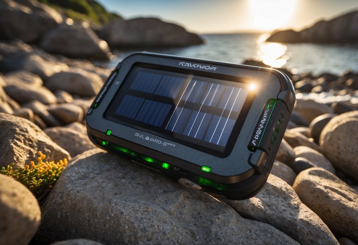 A RAVPower 24W Solar Charger sits on a rocky beach, with snorkeling gear nearby. The sun shines brightly overhead, powering the charger as it prepares for an underwater adventure