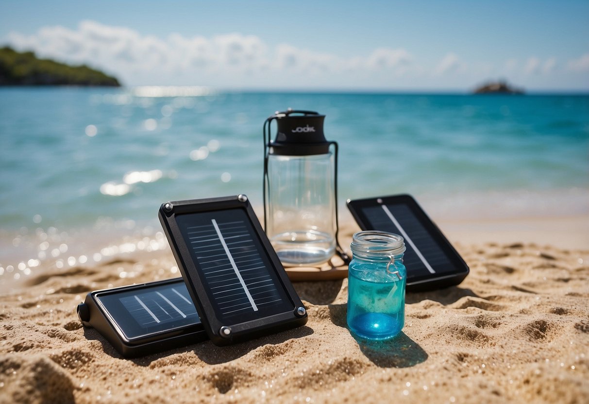 A sunny beach with a snorkeling gear, a Nekteck 21W Solar Charger, and a clear blue ocean in the background