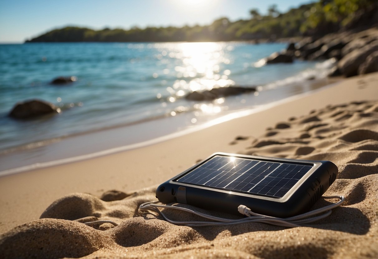 The X-DRAGON 40W Solar Charger is set up on a sandy beach next to snorkeling gear. The charger is angled towards the sun, with the ocean in the background