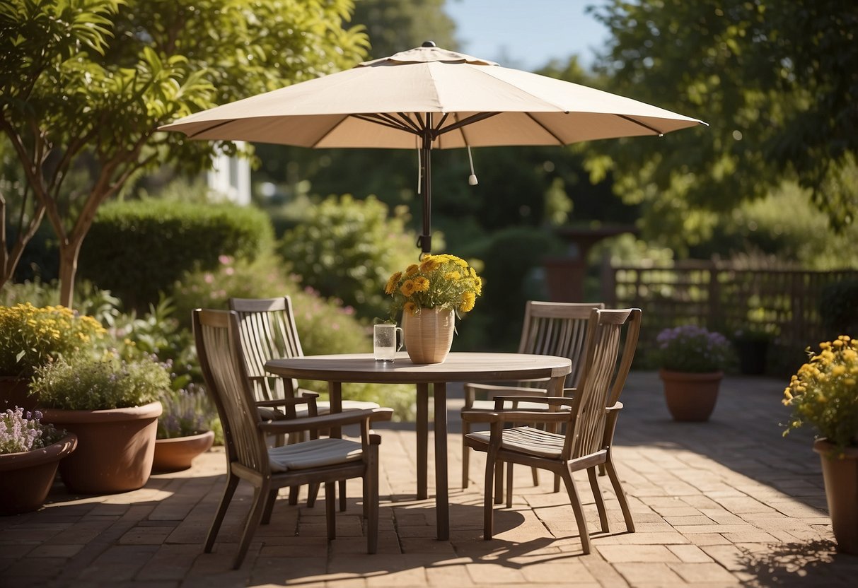 A patio table and chairs sit under a large umbrella, shielding them from the sun's rays. A can of wood sealant and a paintbrush are nearby, ready for application