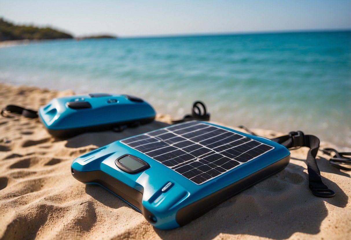 A sunny beach with snorkeling gear laid out, surrounded by 5 solar chargers. Clear blue water and a bright sky indicate a consistent power source