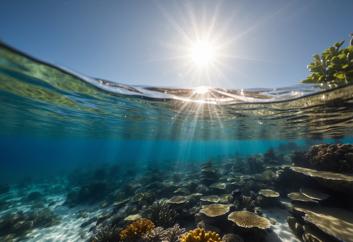 The sun shines down on a crystal-clear ocean, where snorkelers explore vibrant coral reefs. Solar chargers sit on the boat, harnessing the sun's energy to power their underwater adventures