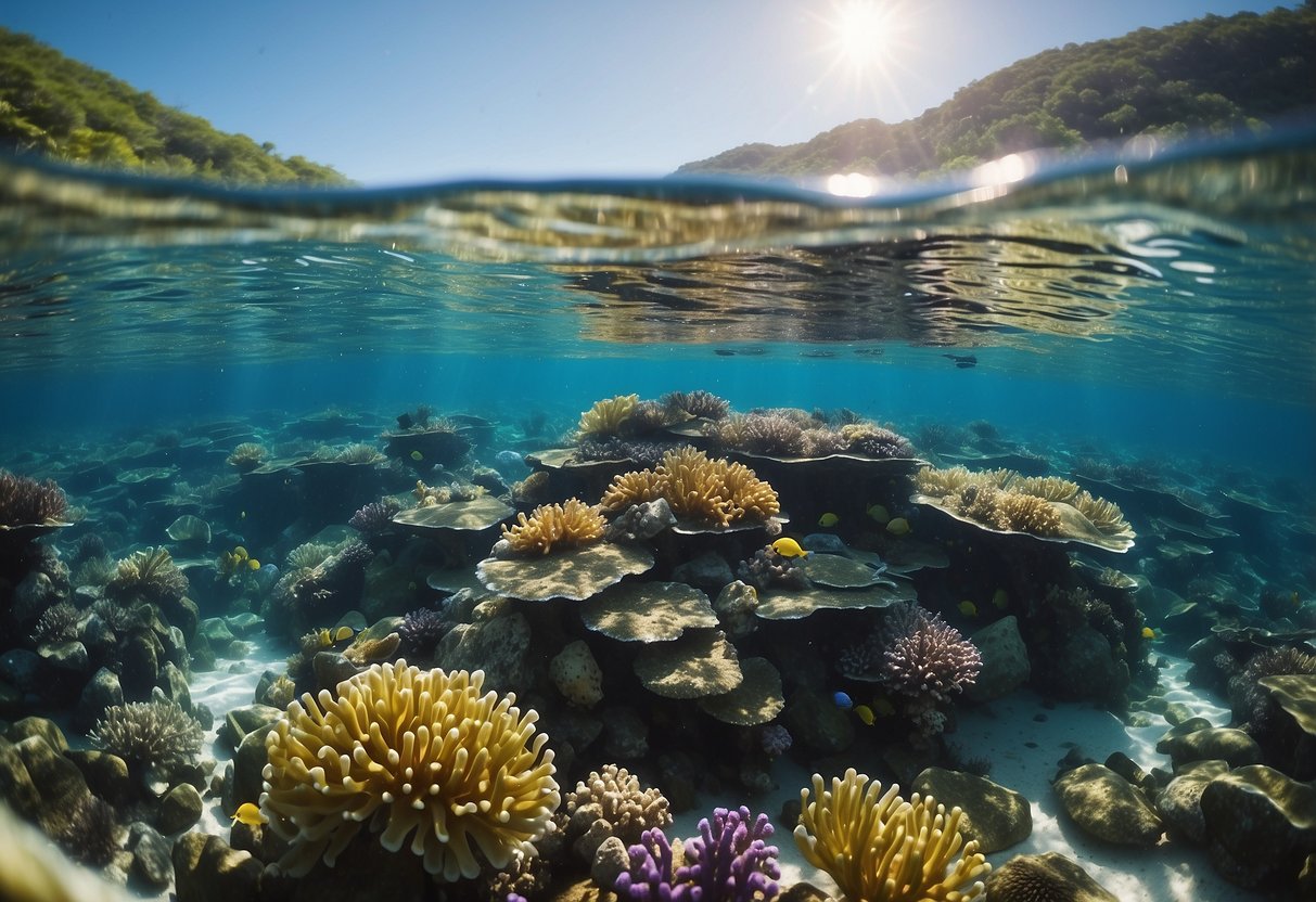 Crystal clear waters teeming with colorful marine life, vibrant coral reefs, and sun-dappled ocean floors create a stunning snorkeling scene