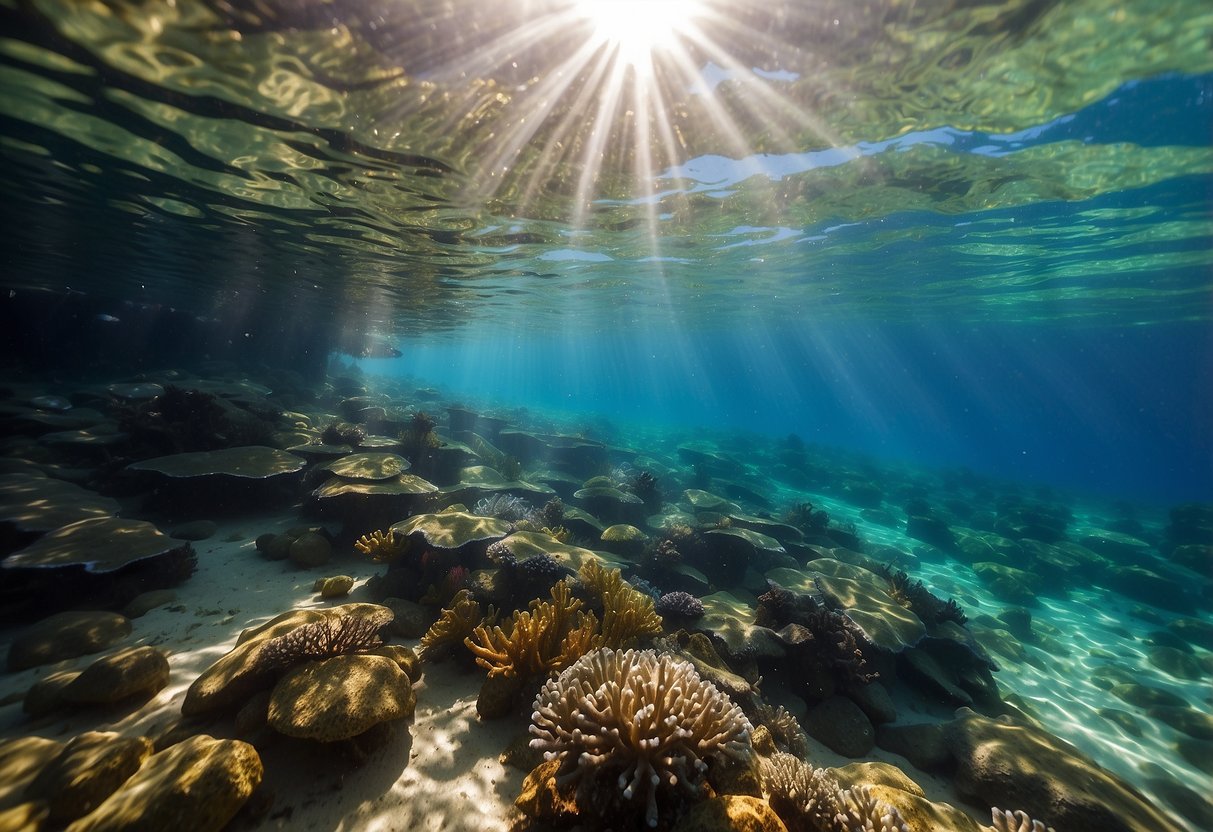 Crystal clear waters reveal vibrant coral reefs and colorful marine life at Santa Rosa Wall, Texas. Sunlight dances through the water, creating a mesmerizing display for snorkelers